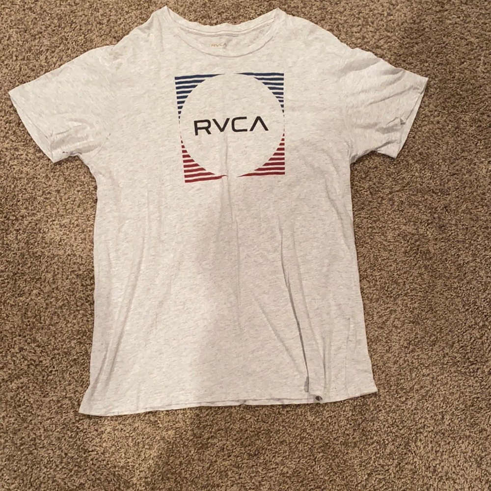 White/grey RVCA shirt with red/blue lines.